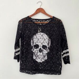 Express black lace 3/4 sleeve white skull punk grunge whimsigoth top women’s xs